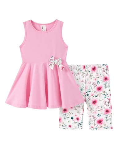 Image of PATPAT Girls Summer 2 Piece Outfits 4-12Y Butterfly Bow Sleeveless Tunic Tops and Floral Print Shorts Cute Clothes