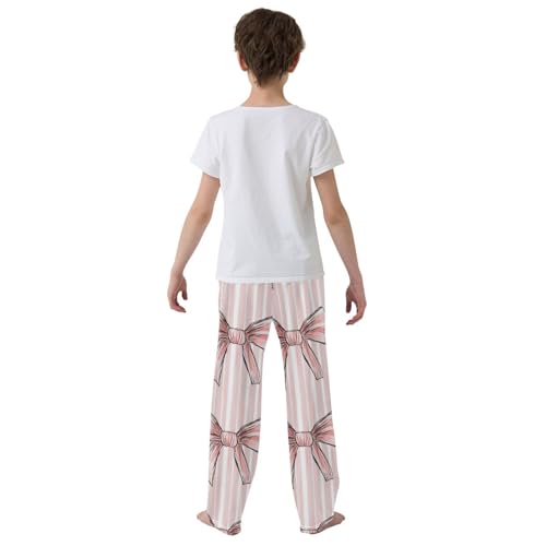 Pajama Bottoms, Ribbon Bow Pink Striped Pajamas Pant Sleep Long Pants Lounge Wear Elastic Waist Sleepwear Pjs3
