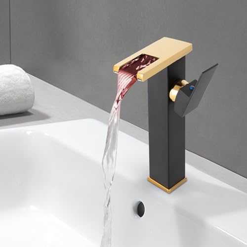 Robinet cascade LED en acier inoxydable 304 3 couleurs changeantes Robinet de lavabo avec capteur de température Haute Salle de bain Mitigeur de lavabo chaud et froid...