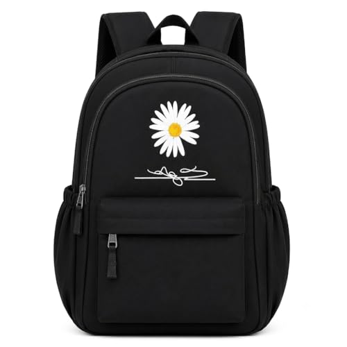 Image of Daisy Flower Printed Backpack for Girls & Women | Water Resistant School College Bag | Lightweight Casual Travel Backpack with Multiple Compartments | Black