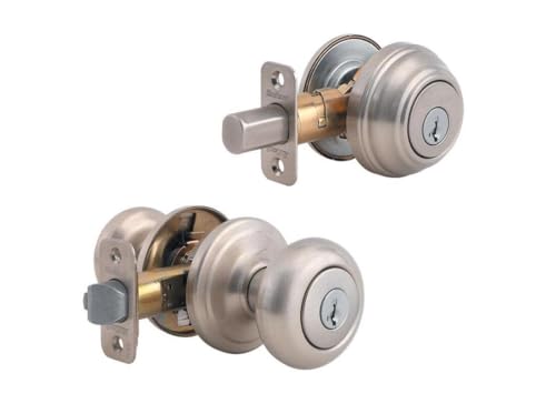Kwikset Juno Keyed Entry Door Knob and Single Cylinder Deadbolt Combo Pack with Microban Antimicrobial Protection Featuring SmartKey Security in Satin Nickel -  99910-034