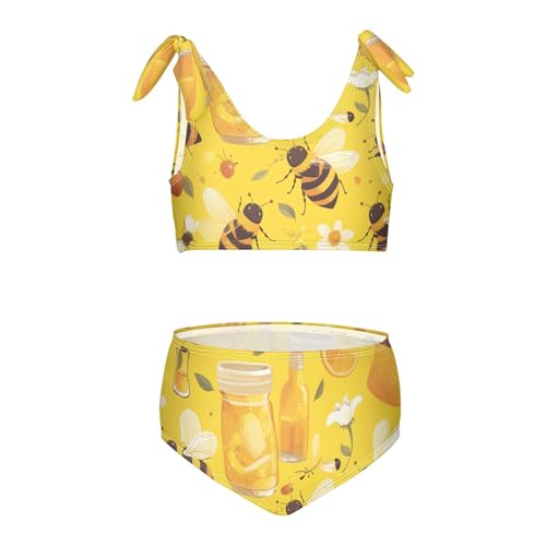 KLL Bees on Yellow Girl 2 Piecing Bikini Sets Scoop Neck Bathing Suit Swimwear Cute Shoulder Strap