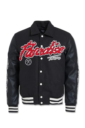 Paradise Tour Black Varsity Jacket, Embroidered Flames and Tribal Design