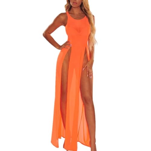 Women's Sexy Sheer Mesh Long Cover up Dress Sleeveless Lace Beachwear Swimwear Bathing Suit Orange