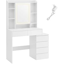 Estanteria Tocador VASAGLE Tocador con Luces LED de Brillo Ajustable, Mesa de Maquillaje con Espejo, Compartimentos Abiertos, Estantes Ajustable, Estación de Maquillaje, Moderno, Blanco Nube RDT124W01