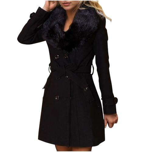Trench Coat for Women 2024 Detachable Fur Collar Coat Double Breasted Pea Coat Long Trendy Winter Coat Fashion Outfits