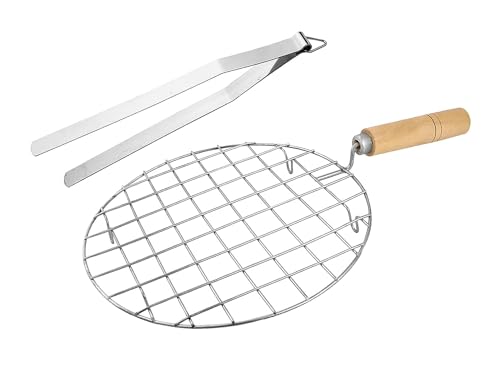 BishtHub Wire Round Wooden Handle Roaster With Chimta Steel Cooking Tong Roti Papad Jali Roti Maker Barbeque Jali Roaster Kitchen Tool Combo Set- Pack Of 2(1 Roasting Net + 1 Tong)