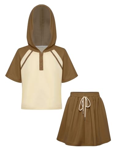 Kids Girls 2 Piece Athletic Outfit Short Sleeve Hooded Top & Mini Skirt for Sports Casual Wear Coffee 2 Years3