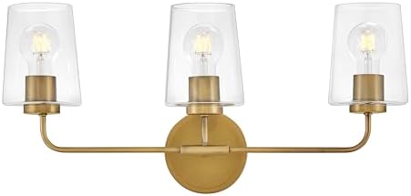 Lark Kline Three-Light Bath Vanity, Tapered Clear Glass Shades, Mount Up or Down, Heritage Brass Finish