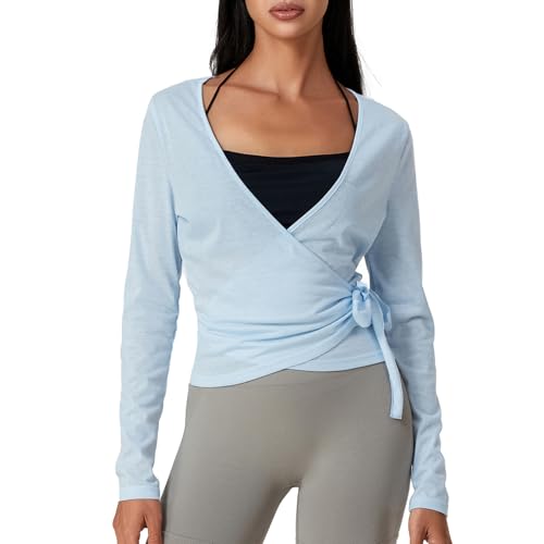 LYSINK Women’s Cross Wrap Tie Tops Long Sleeve Deep V Neck Solid Color Slim Fit T-Shirts Yoga Pilates Ballet Workout Tops (Ba Light Blue, S)