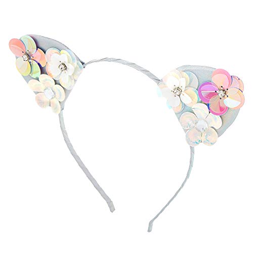 Claire’s Holographic Flower Cat Ears Headband for Girls, Iridescent Sequins and Faux Gems, Thin Band, One Size, 1 Piece