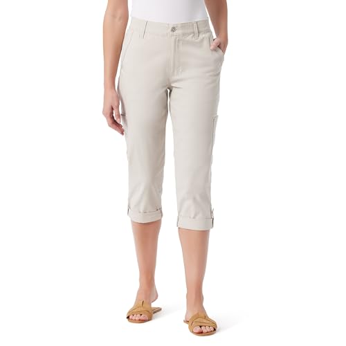 Gloria Vanderbilt Women's Cargo Capri Tab Roll Cuff with Zip Front and Elastic Waist Standard, STONEWOOD
