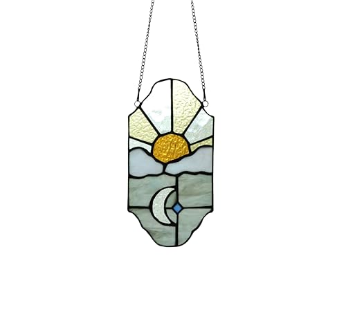 Sun and Moon Suncatchers Decor Stained Glass for Window Hangings,Handcrafted Tiffany Style Stained Glass Art Sun and Moon in The Sky for Living Room Bedroom Balcony (Silver&Yellow)