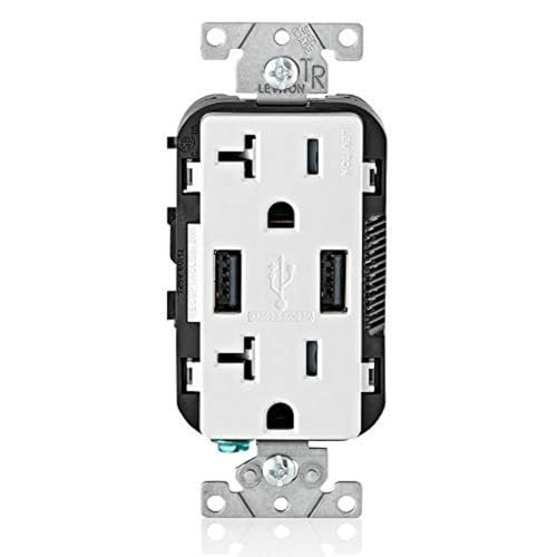 Image of Leviton T5832-W Type-A USB in-Wall Charger with 20A Tamper-Resistant Outlet, USB Charger for Smartphones, White