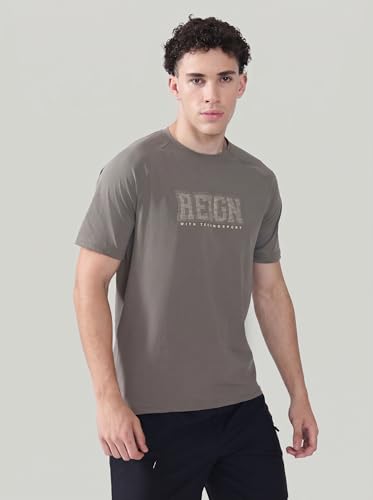 Image of TECHNOSPORT Men's Typography Printed T-Shirt COTFLEX Quick Dry Slim Fit Round Neck Sports Tee for Gym Running Casual Wear UPF50+ Anti Odour