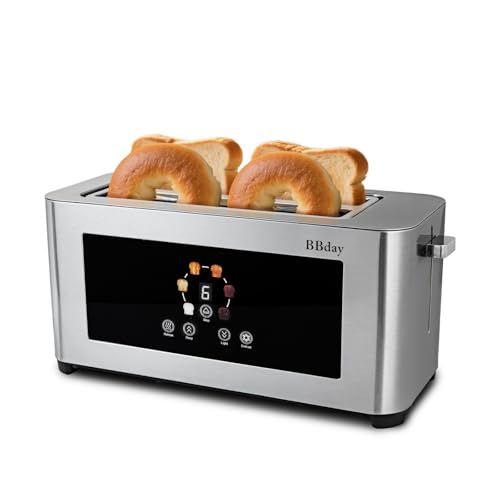BBday Toaster 4 slice with Touch Screen LCD Display, Extra Long Wide Slots Toaste, Smart Toaster with 6 Browning Levels, Defrost, Reheat & Removable Tray, Stainless Steel