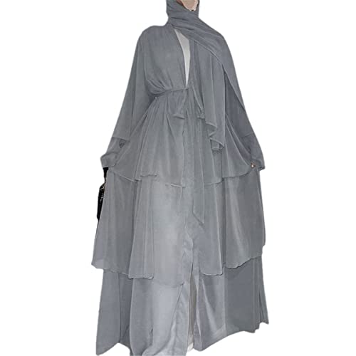 Abayas dubaï de luxe en mousseline grise : grand caftan turc XXL et son hijab assorti