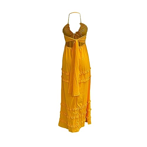 Image of Owl's-Yard Women Ruffle Spaghetti Strap Dress Sexy Backless Tiered Flowy Sundresses Boho Beach Long Dress Clubwear (G-01, L)