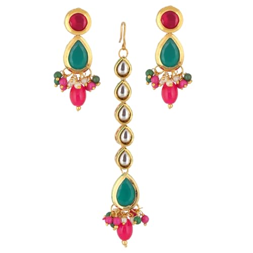 Image of Lucky Jewellery Meenakari 18k Gold Plated Tika Earring Combo Uncut Big Faux Kundan Choker Necklace set