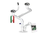 GRANMASTER Siphon Küchenspüle Manuelle 2-Kammer Raumsparsiphon mit überlauf - Ablaufgarnitur für Spüle - Made in Italy Anschluss an der Unterseite: 1 1/2 Siebkorb Excenterventil 3 1/2 - 38x26x12cm