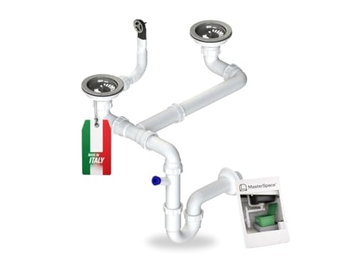 Siphon pour évier de cuisine double cuve peu encombrant avec bonde et trop-plein