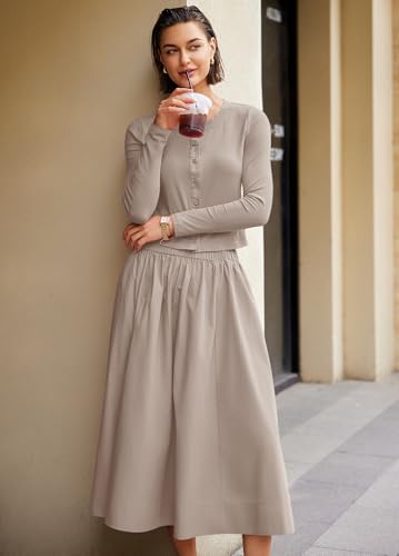 Image of Panadila Womens 2 Piece Lounge Sets Matching Vacation Outfits Ribbed Button Down Cardigan and Elastic Waist Skirt Sets