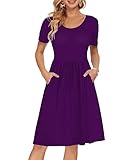 AUSELILY Women's Short Sleeve Empire Waist Dress Pleated Loose Swing Knee Length Dresses with Pockets 2025 New Purple M
