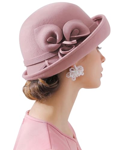ORIDOOR Women Vintage Wool Felt Flowers Bucket Cloche Bowler Hat Church Wedding Dress Fascinator Hat Winter Felt Fedoras (012 Pink One Size)