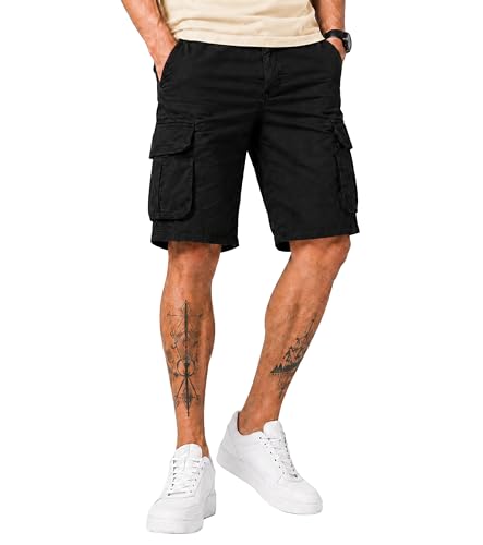 Image of L'MONTE Men's Imported Cotton Casual Relaxed Fit Outwear Cargo Shorts with Expandable Elastic Waist and Multi Pockets