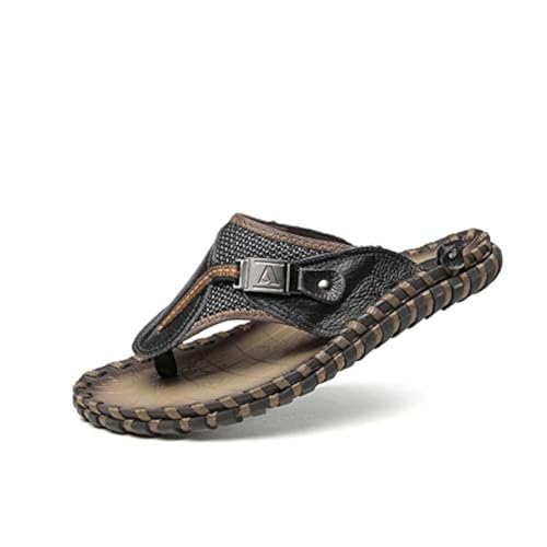 Gospt Men Leather Flip Flop Sandals with Wide Strap Summer Indoor Outdoor Beach Pool Slippers