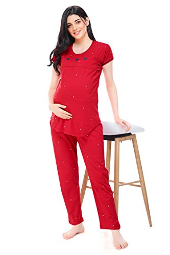 Image of ZEYO Women's Cotton Dot Printed Maternity & Feeding Night Suit Set of Top & Relaxed Pyjama Nursing Night Dress 5330 (Available in Plus Size)