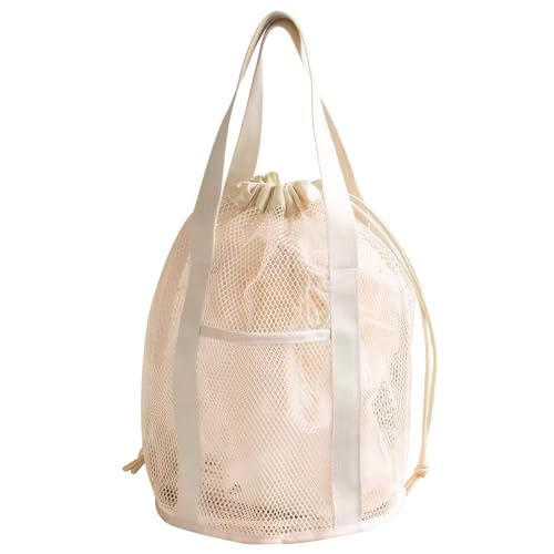 Mesh Beach Bag,Durables Beach Tote Bag with Drawstring,Foldable Beach Toy Bag with 2 Front Pockets,Swim Pool Mesh Bags Drawstring for Toys,Towel,Flip Flops/Beige