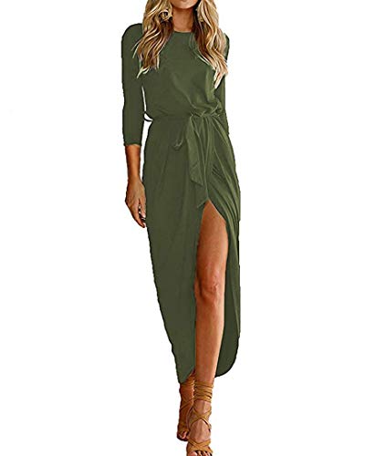 Qearal Slit Maxi Dress,Half Sleeve Elastic Wasit Draped Long Dress Belt Army Green M