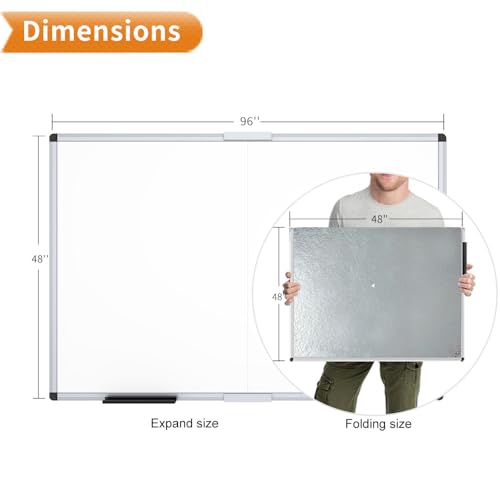 VIZ-PRO Magnetic Dry Erase Board, 96 X 48 Inches, Foldable Wall-Mounted Whiteboard with Silver Aluminum Frame & Marker Tray for School Office and Home 8' X 4'