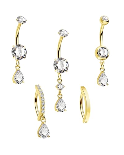 CM Crareesi Mania Dangle Gold Belly Rings Pack 316L Stainless Steel Belly Piercing Jewelry 14G Belly Clicker Piercing 5PCS Navel Ring for Women