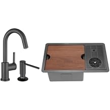 AguaStella AS15XBC Gunmetal Black Bar Sink with Glass Riner and AS1010MB Matte Black Bar Faucet and ASF026MB Matte Black Built in Soap Dispenser Combination