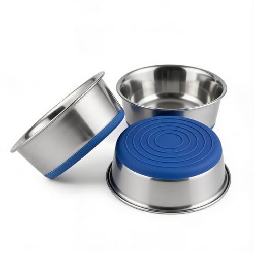Image of Stainless Steel Dog Bowl with Non-Slip Silicone Base | Food & Water Bowl for Dogs & Puppies | Rust-Resistant, Heavy Duty, Easy to Clean, Anti-Skid Pet Feeding Bowl | Silver & Blue (1 Piece) (250)