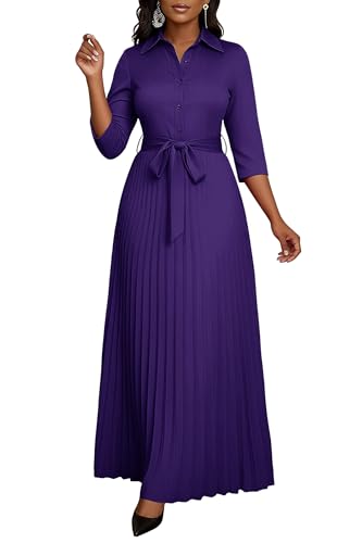 Image of Runwind Maxi Dresses for Women, 3 /4 Sleeve Botton Down Pleated Long Dress with Belt Casual Church Dress with Pockets