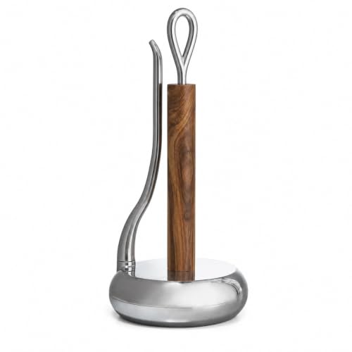 nambe Loop Towel Holder | Paper Towel Stand for Kitchen | One-Handed Operation Countertop Roll Dispenser with Weighted Base | Standard Size Roll | Made of Acacia Wood and Metal Alloy Arm