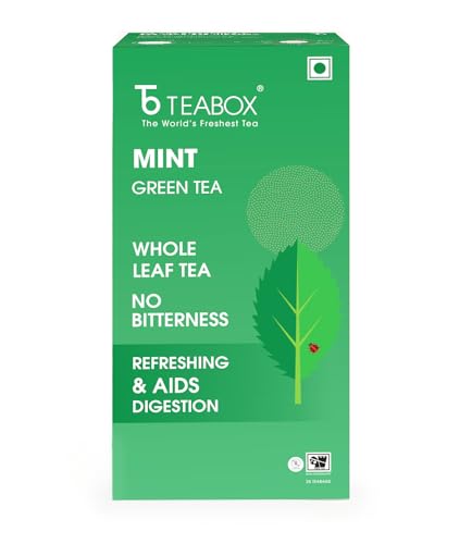 Teabox Mint Green Tea | 25 Tea Bags with Premium Green Tea & Real Peppermint Leaves | Refreshing, Cooling & Smooth | Low Caffeine | Clean Ingredient Blend