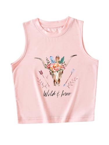 Fafaget Girl's Cowgirl Bull Head Graphic Tank Top Vintage Western Rodeo Graphic Shirt Light Pink