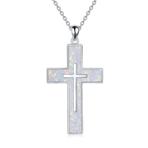 Image of YFN White Opal Cross Necklace Sterling Silver Cross Pendant Jewelry Gifts for Women Men