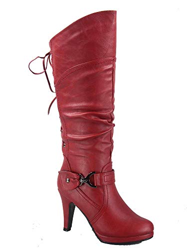 TOP Moda Page-65 Women's Sexy Back Lace Up Side Zipper Low Heel Platform Knee High Boots Shoes (7.5 B(M) US, Red)