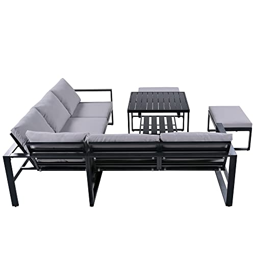 Lumisol Industrial Outdoor Furniture Set, Modern Patio Conversation Set Metal Sectional Sofa With Bench And Coffee Table (Gray, 6 Piece) #TOP4