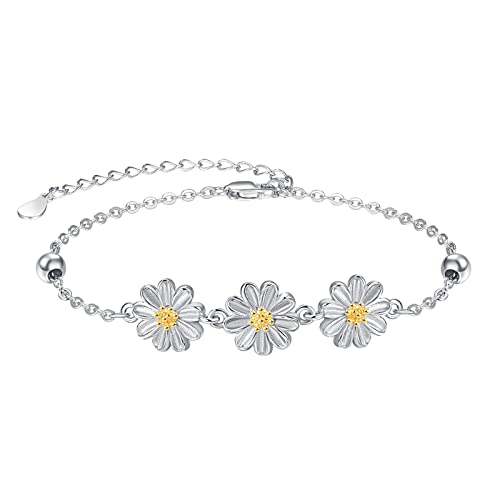KINGWHYTE Daisy Bracelet 925 Sterling Silver Flower Bracelet Adjustable Chain Daisy Bracelets Jewellry Birthday Anniversary Chritmas Gifts for Women