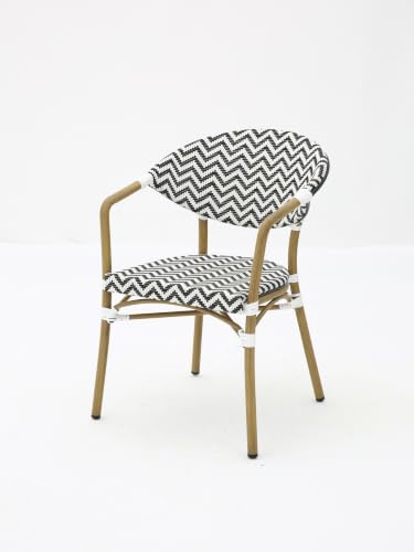 Kosmi Fauteuil Bistrot Extérieur Intérieur Empilable – Structure Aluminium Aspect Bambou – Tressage Textilène – Style Terrasse de Café Parisien – Jardin, Balcon, Restaurant (Noir+Blanc)