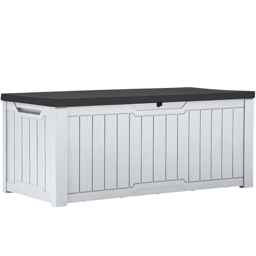 YITAHOME Outdoor Storage Box, 120 Gallon Waterproof Deck Box for Garden Tools, Patio Cushions, and Pool Accessories, Lockable, Easy Assembly, Versatile Bench or Table (Black + White)