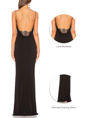 Aigeman Women Spaghetti Straps Mermaid Evening Gown Wedding Guest Dress Drape Neck Lace Backless Formal Maxi Dress 213