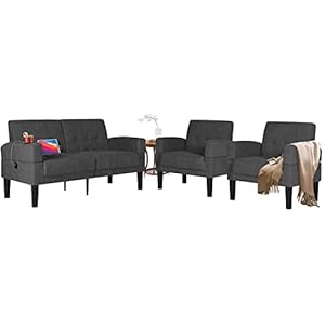 TYBOATLE Modern Living Room Furniture Sectional Sofa Sets 3 Piece, 1 Tufted Mid-Century USB Loveseat Couch w/ 2 Cupholders and 2 Comfy Accent Arm Chairs for Small Space, Apartment, Office (Dark Grey)