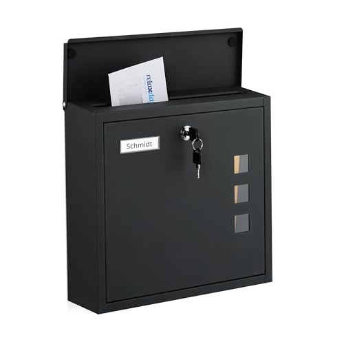 Relaxdays Briefkasten mit Sichtfenstern, HxBxT: 33 x 35 x 12 cm, Eisen, 4 Schlüssel, Postkasten Querformat, schwarz